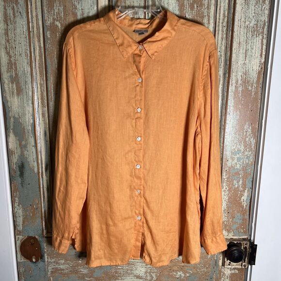 J Jill 100% Linen Orange Blouse Women’s XL Button Down Long Sleeve Collared - Picture 1 of 9